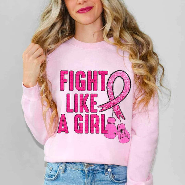 Fight like a girl (pink with sequin ribbon and boxing gloves) 9815 DTF TRANSFERS