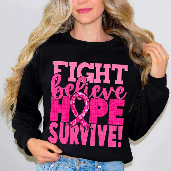Fight believe hope survive (pink with sequin ribbon) 9810 DTF TRANSFERS