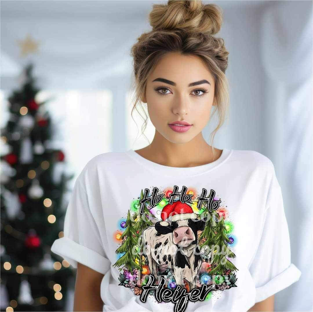 Ho ho ho heifer (cow with trees and lights) 9869 DTF TRANSFER