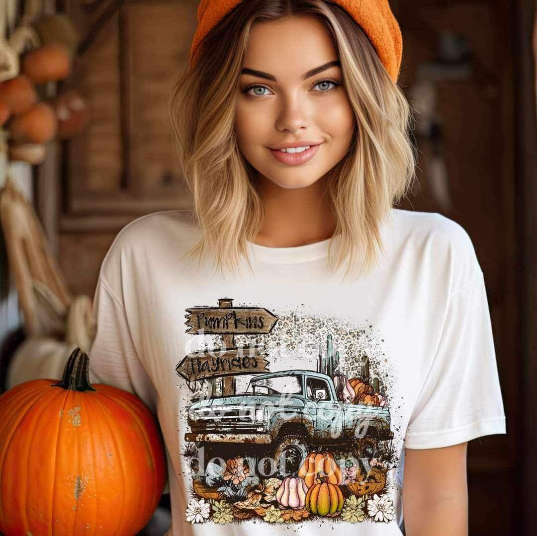 Pumpkins hayrides sign with truck,cactuses, and flowers 9866 DTF TRANSFER