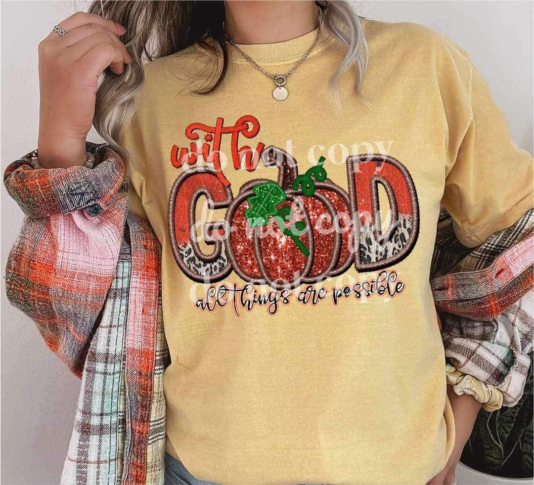 With god all things are possible (embroidery with glittery pumpkin) 9865 DTF TRANSFER