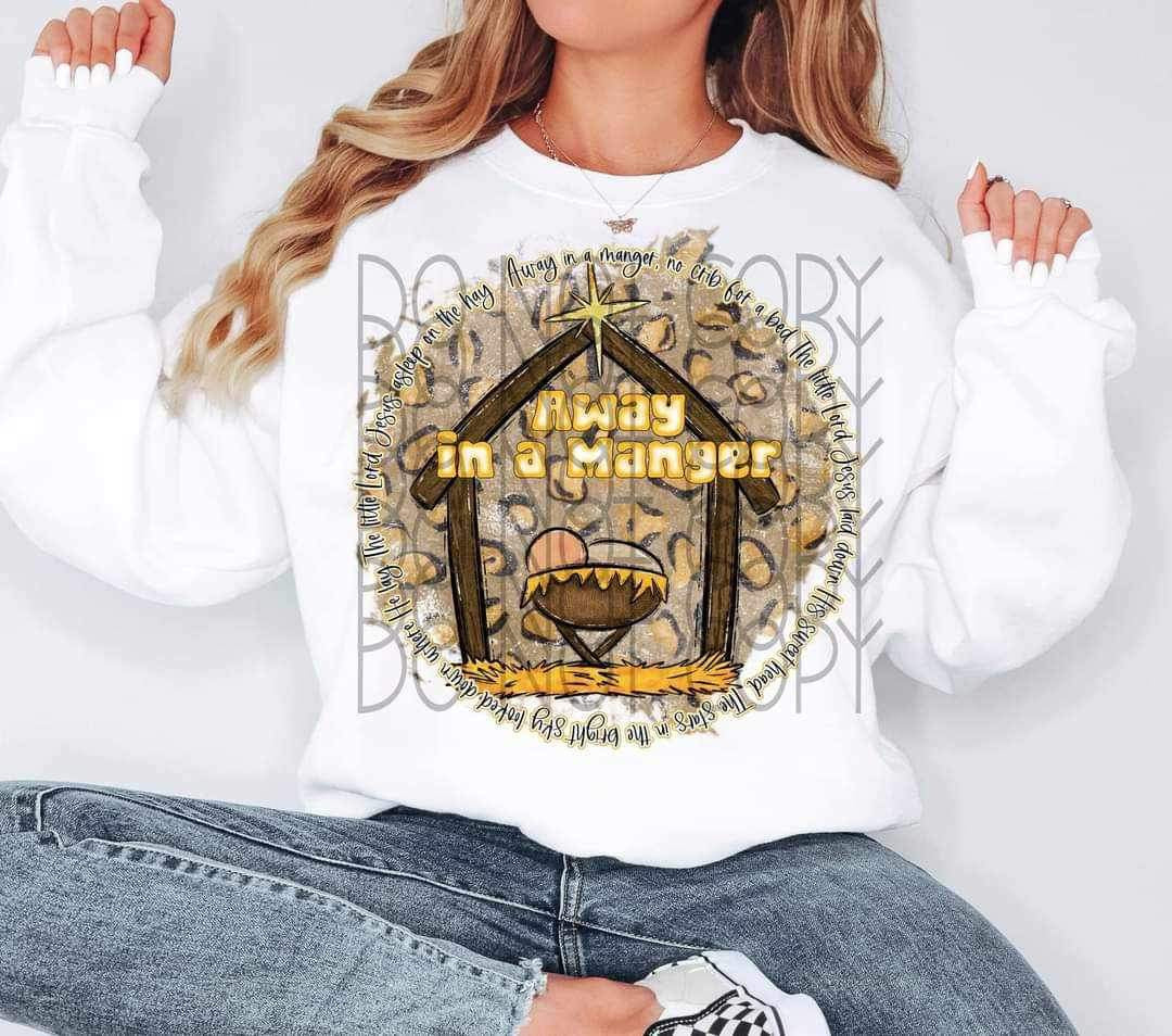 Away in a manger circle with leopard and manger scene 9836 DTF TRANSFER