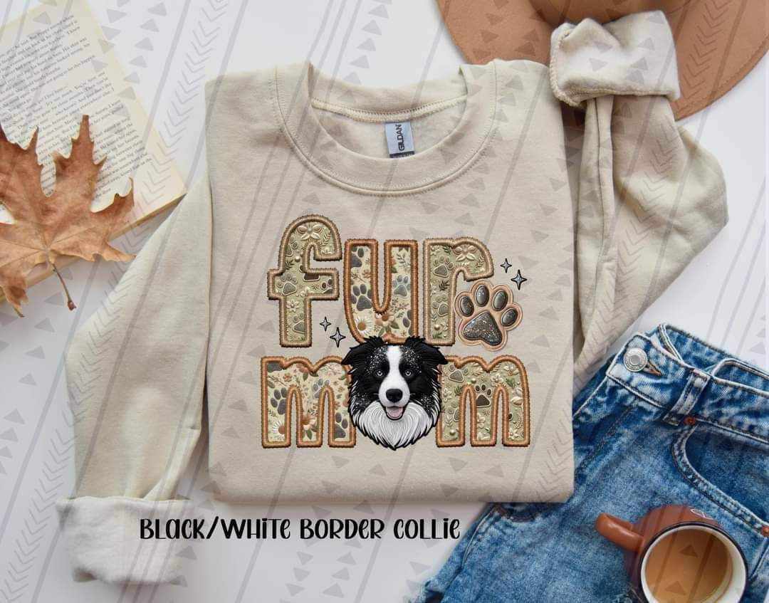 Border collie black white fur mom embroidery 21068 DTF transfer