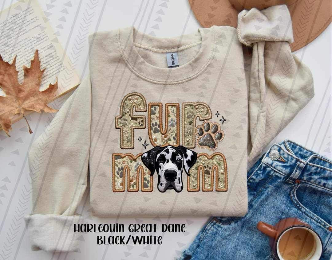 Great dane black white fur mom embroidery 21066 DTF transfer