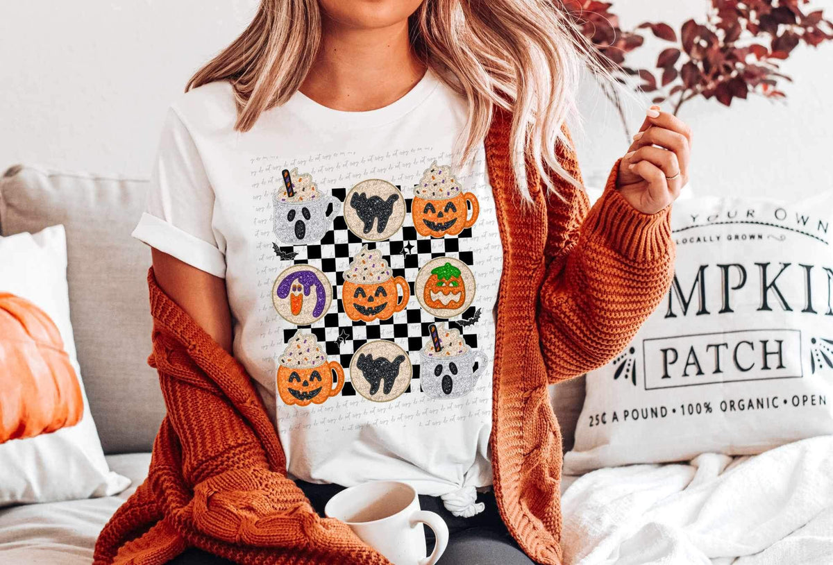 Glittery Halloween cookies and mugs with checkered background 9968 DTF TRANSFER