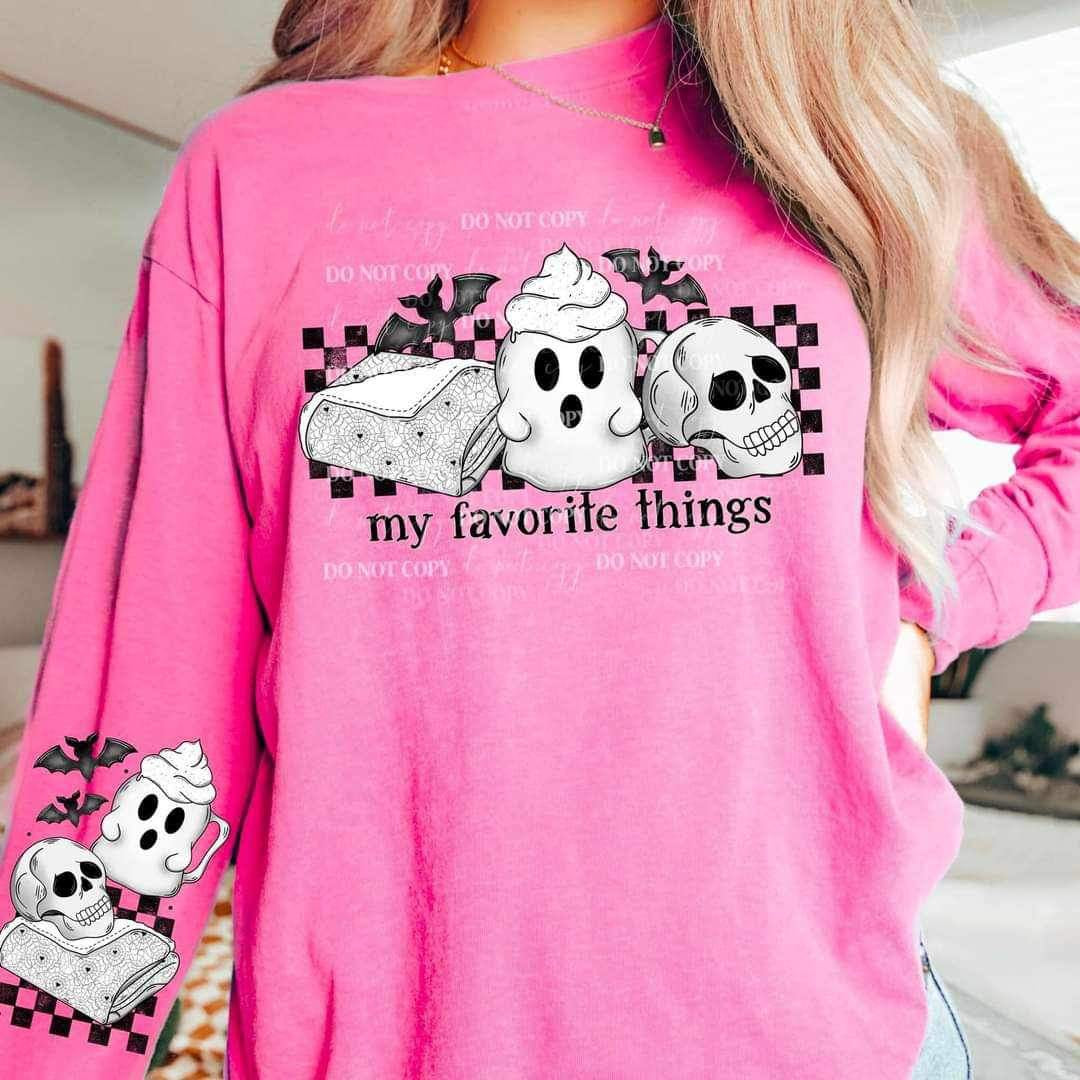 My favorite things (blanket, ghost mug, skull with checkered print and bats) FRONT ONLY 9932 DTF TRANSFER