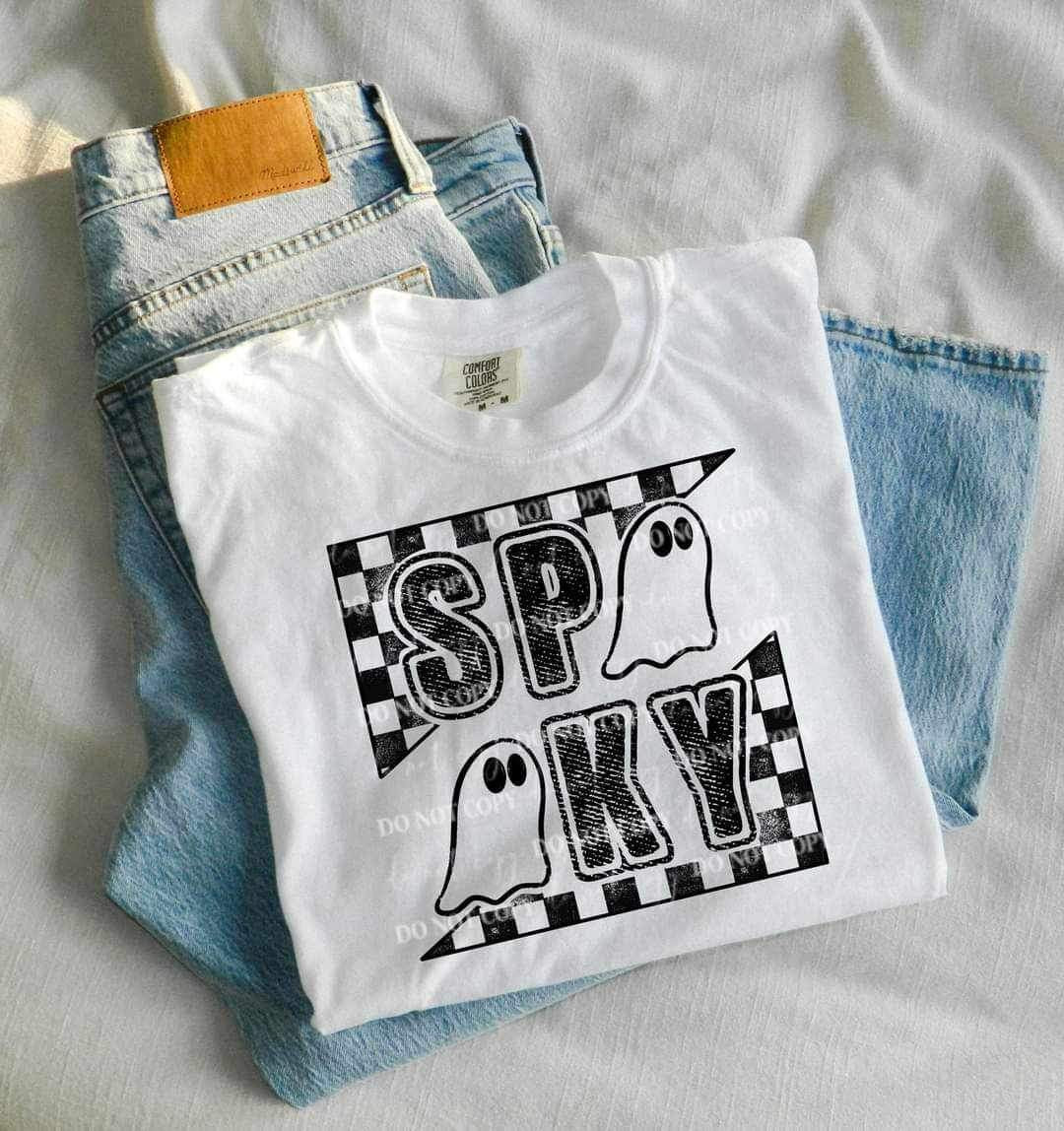 Spooky BLACK with ghosts and checkered print 9931 DTF TRANSFER