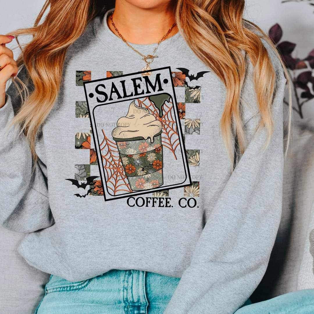 Salem coffee co (floral latte with webs in card and checkered print) 9930 DTF TRANSFER