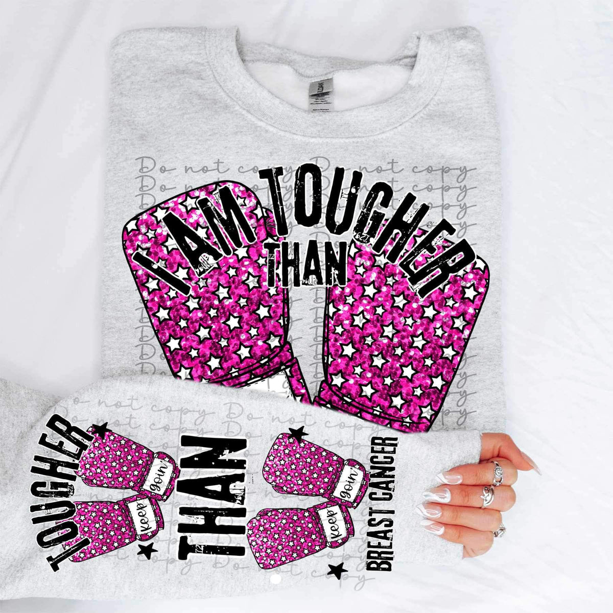 I am tougher than breast cancer (pink sequin boxing gloves with stars) FRONT ONLY 9925 DTF TRANSFER