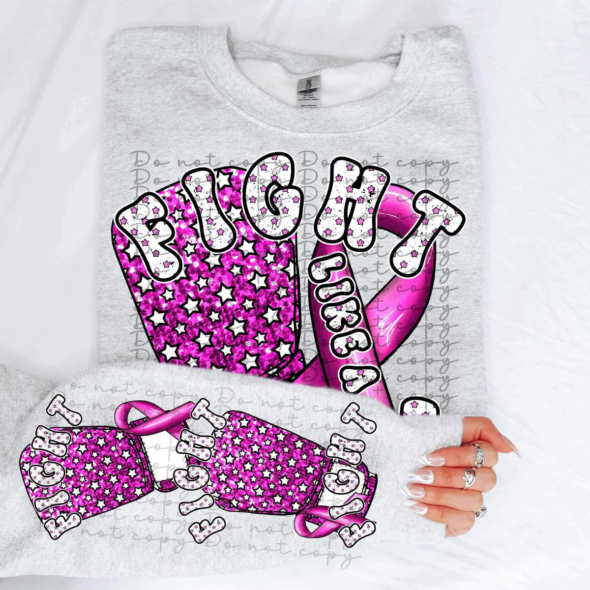 Fight like a girl (pink sequin boxing glove with stars and ribbon) FRONT ONLY 9923 DTF TRANSFER