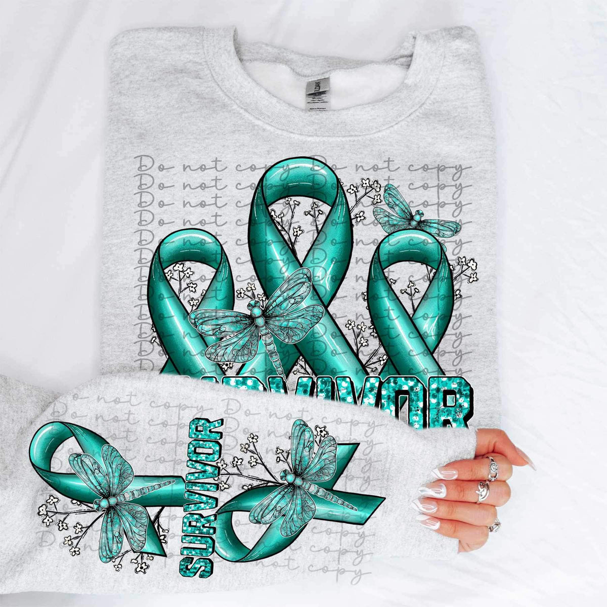 Pcos survivor (teal with sequin writing, ribbons and dragonflies) FRONT 9918 DTF TRANSFER