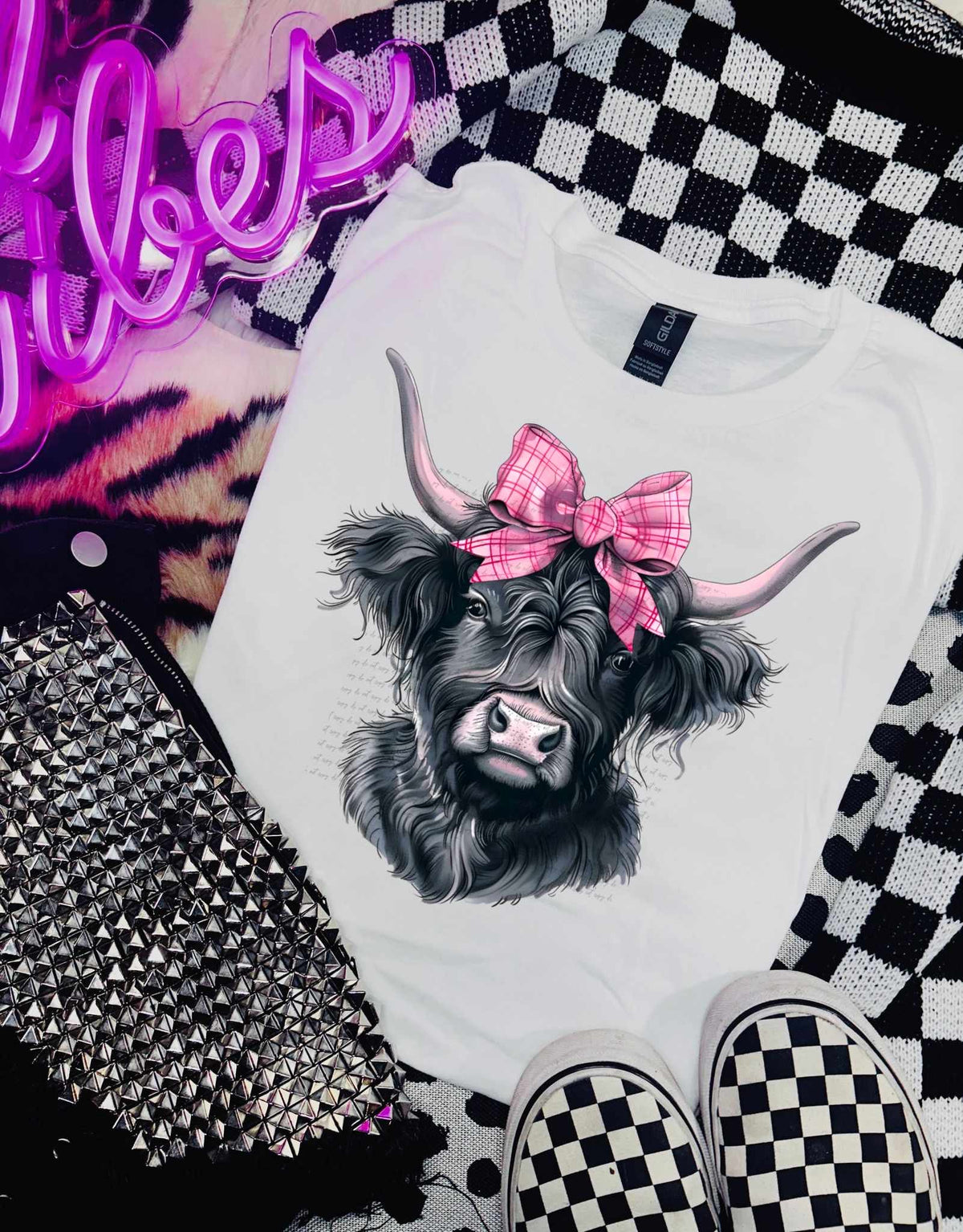 Black shaggy cow pink gingham bow (WSD) 31654 DTF transfer
