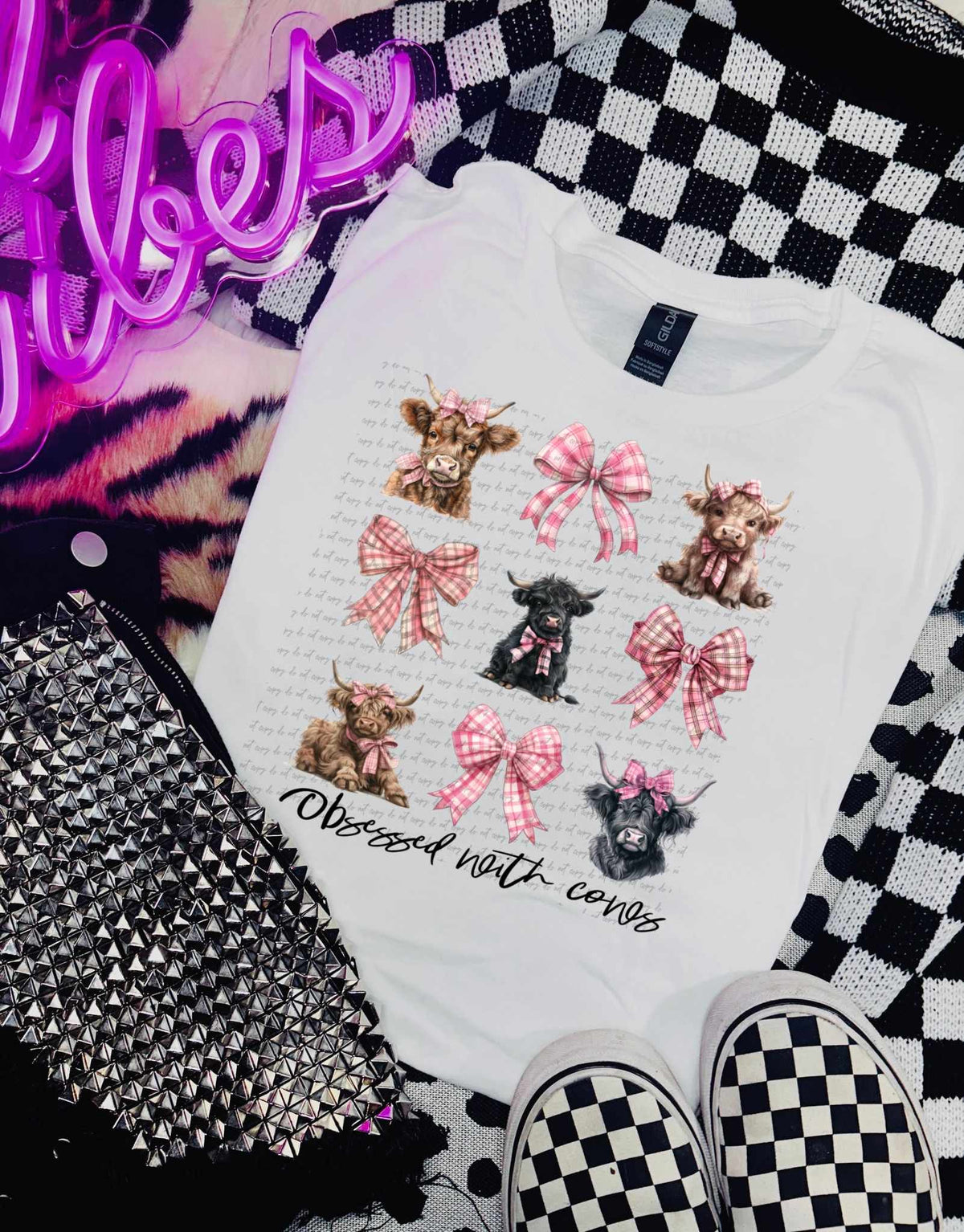 Obsessed with cows collage pink gingham bows (WSD) 31653 DTF transfer