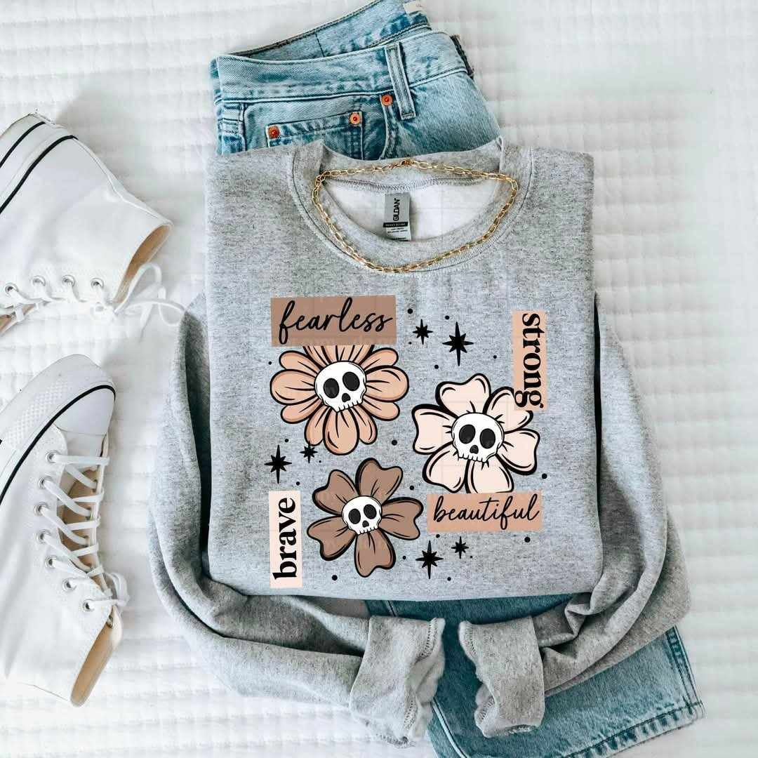 Fearless strong brave tan flowers with skulls (CSC) 79758 DTF transfer
