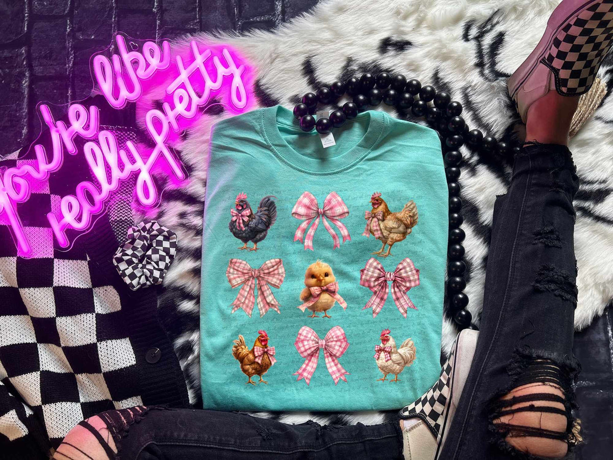 Chicken collage pink gingham bows (WSD) 31651 DTF transfer