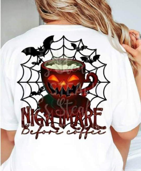 Nightmare before coffee (pumpkin mug with webs and bats) BACK 9901 DTF TRANSFER
