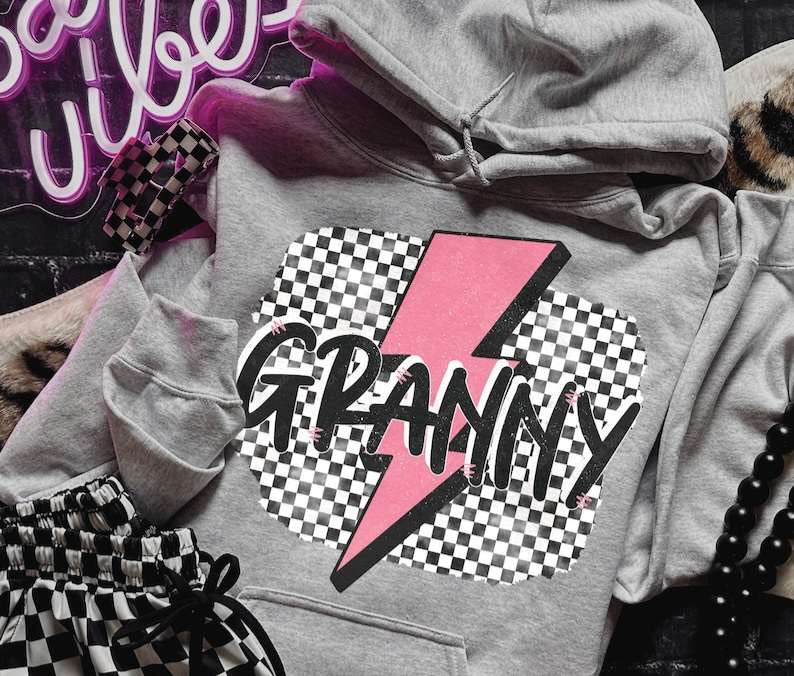 Granny checkered with pink lightning bolt 31696 DTF transfer