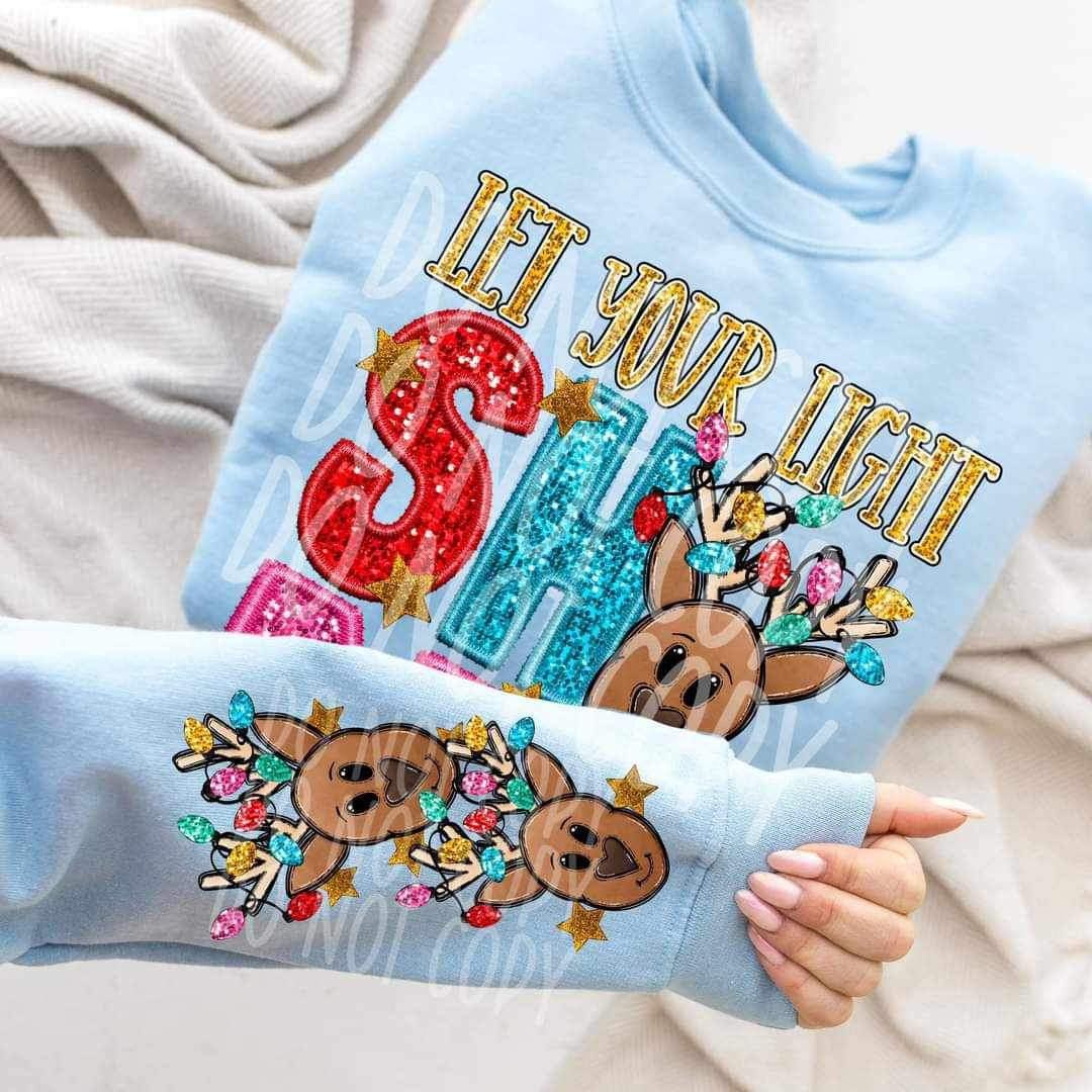 Let your light shine (multi color with sequin and reindeer) FRONT ONLY 9979 DTF TRANSFER