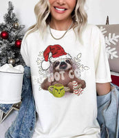 Sloth with santa hat, green mug, and cake 9978 DTF TRANSFER