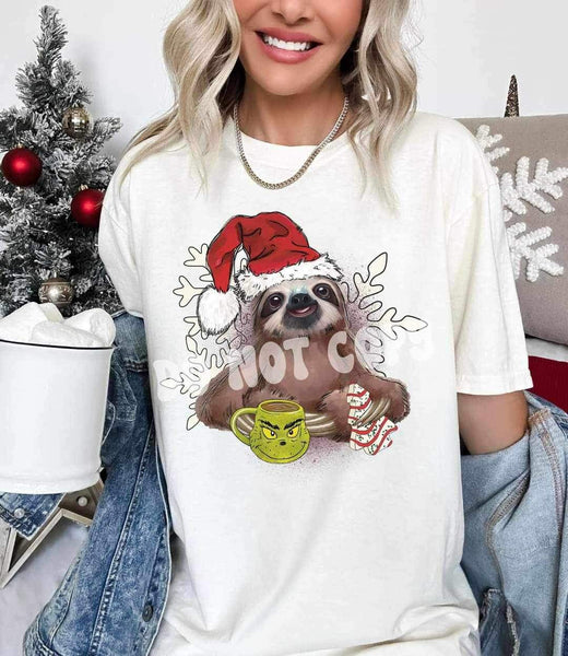 Sloth with santa hat, green mug, and cake 9978 DTF TRANSFER