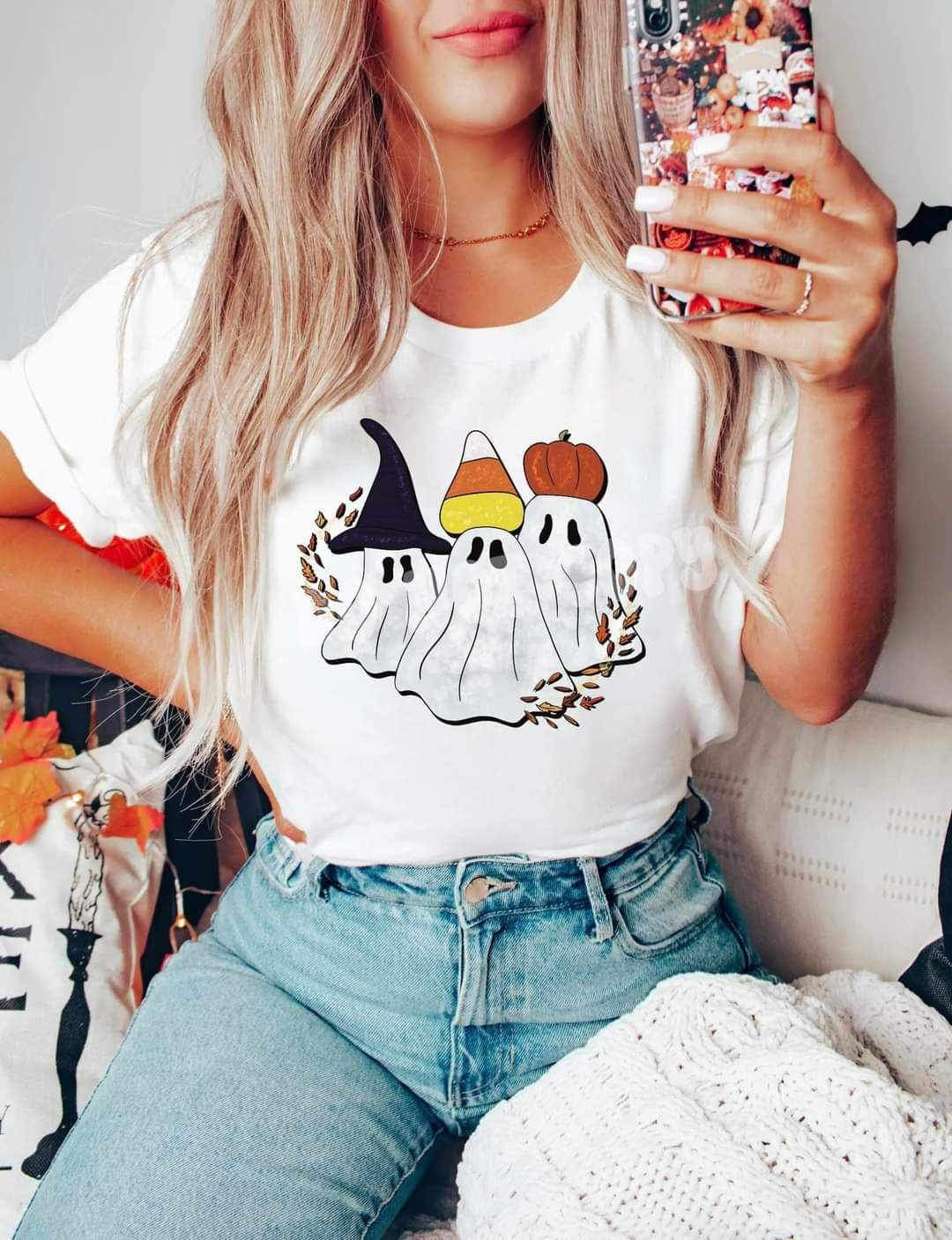 Trio ghosts with witch hat, candy corn, and pumpkin 9973 DTF TRANSFER