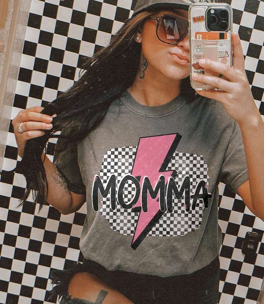 Momma checkered with pink lightning bolt 31685 DTF transfer