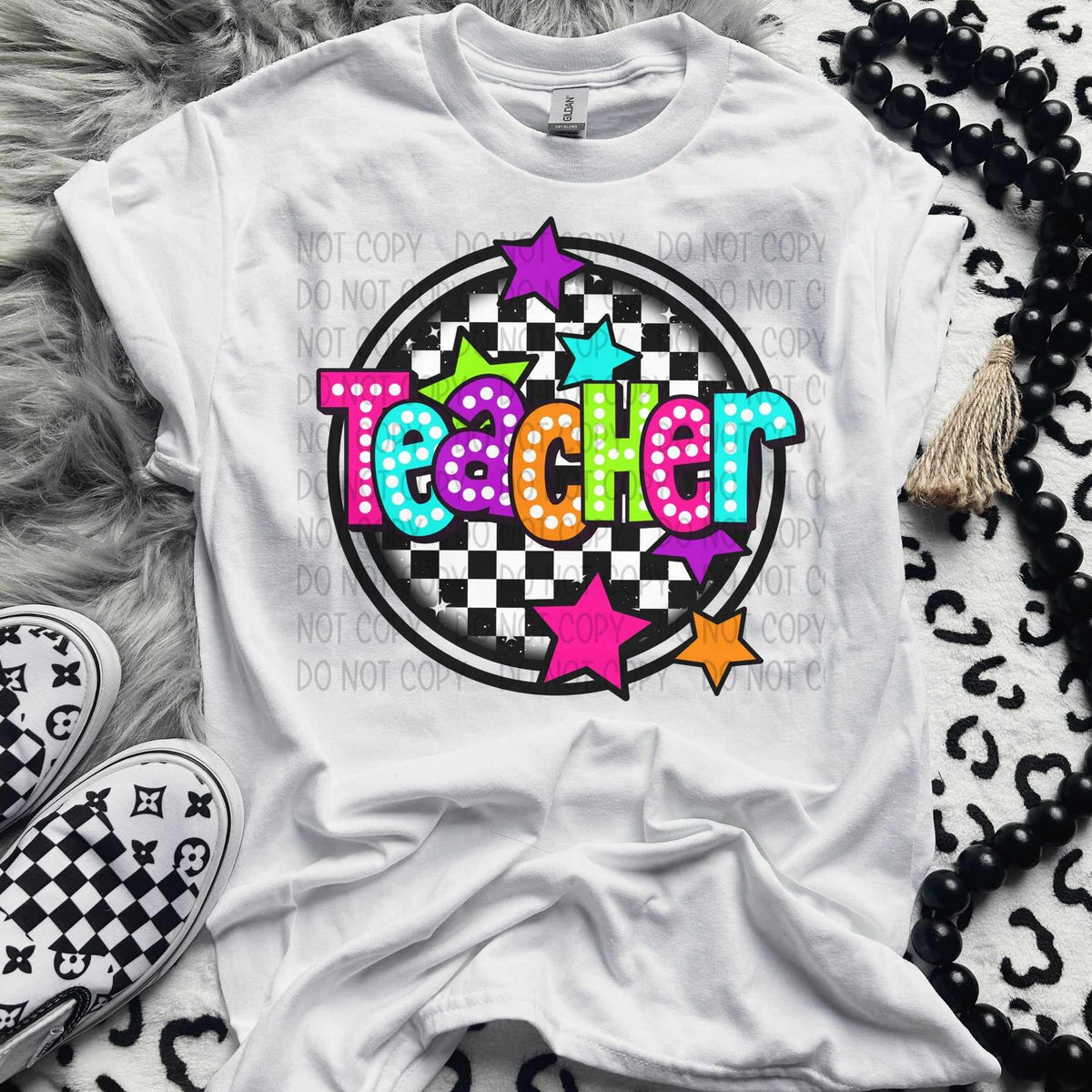 Teacher checkered circle neon font (SWD) 43884 DTF transfer