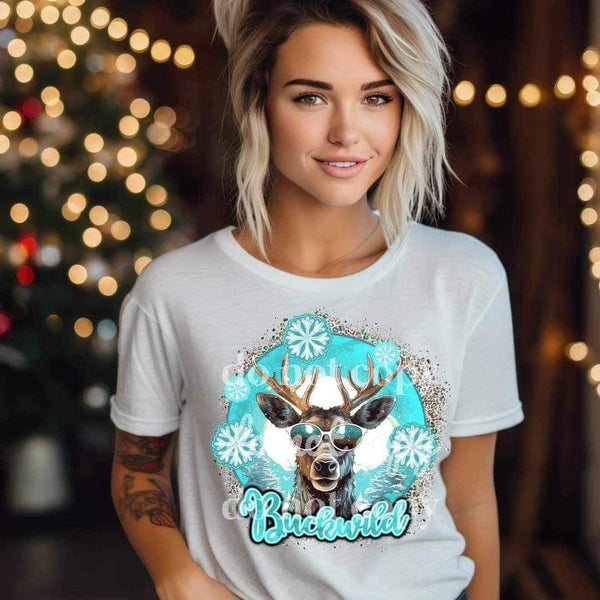 Buckwild (circle with blue background, reindeer with sunglasses, snowflakes, and leopard) 11039 DTF TRANSFER