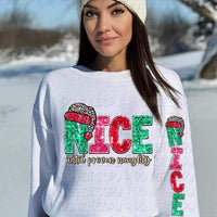 Nice until proven guilty (sequin with colorful leopard santa hat) FRONT ONLY 11110 DTF TRANSFER