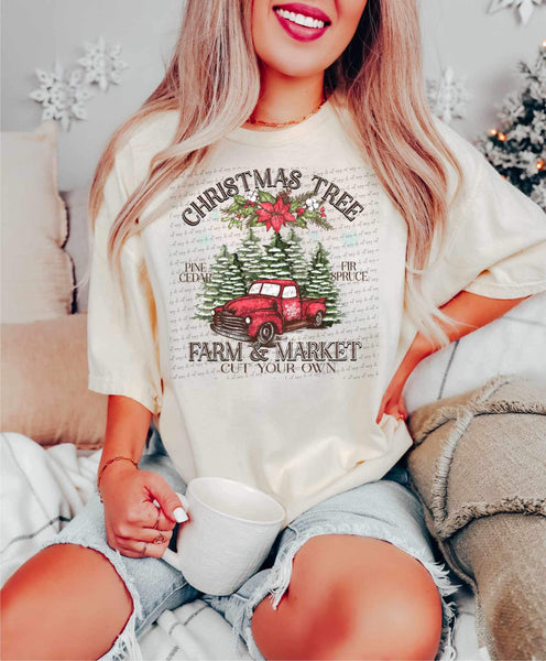 Christmas tree farm & market cut your own (red truck and trees) 11117 DTF TRANSFER