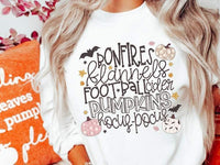 Bonfires flannels football cider pumpkins (black font with pumpkins, bats, and leaves) 11139 DTF TRANSFER