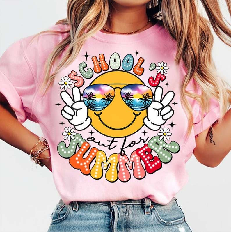 Schools out for summer happy face with beach glasses 31788 DTF transfer
