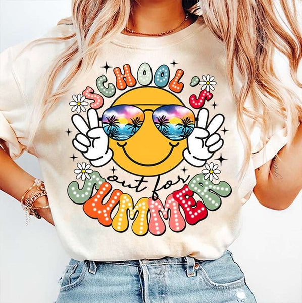 Schools out for summer happy face with beach glasses 31788 DTF transfer