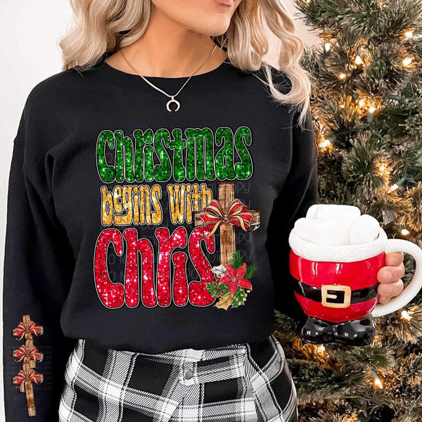 Christmas begins with christ (sequin with cross and bow) FRONT ONLY 11236 DTF TRANSFER