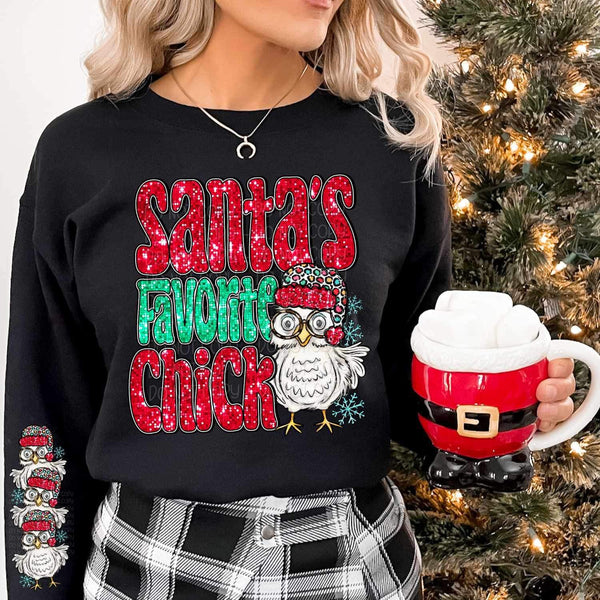 Santa’s favorite chick (sequin with owl wearing leopard santa hat) FRONT ONLY 11234 DTF TRANSFER