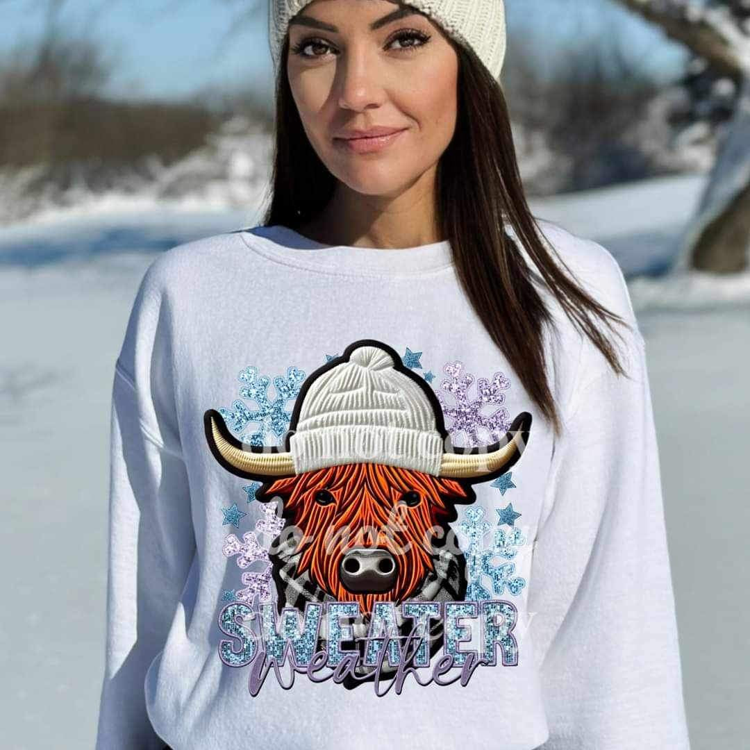 Sweater weather embroidered with shaggy cow 11323 DTF TRANSFER