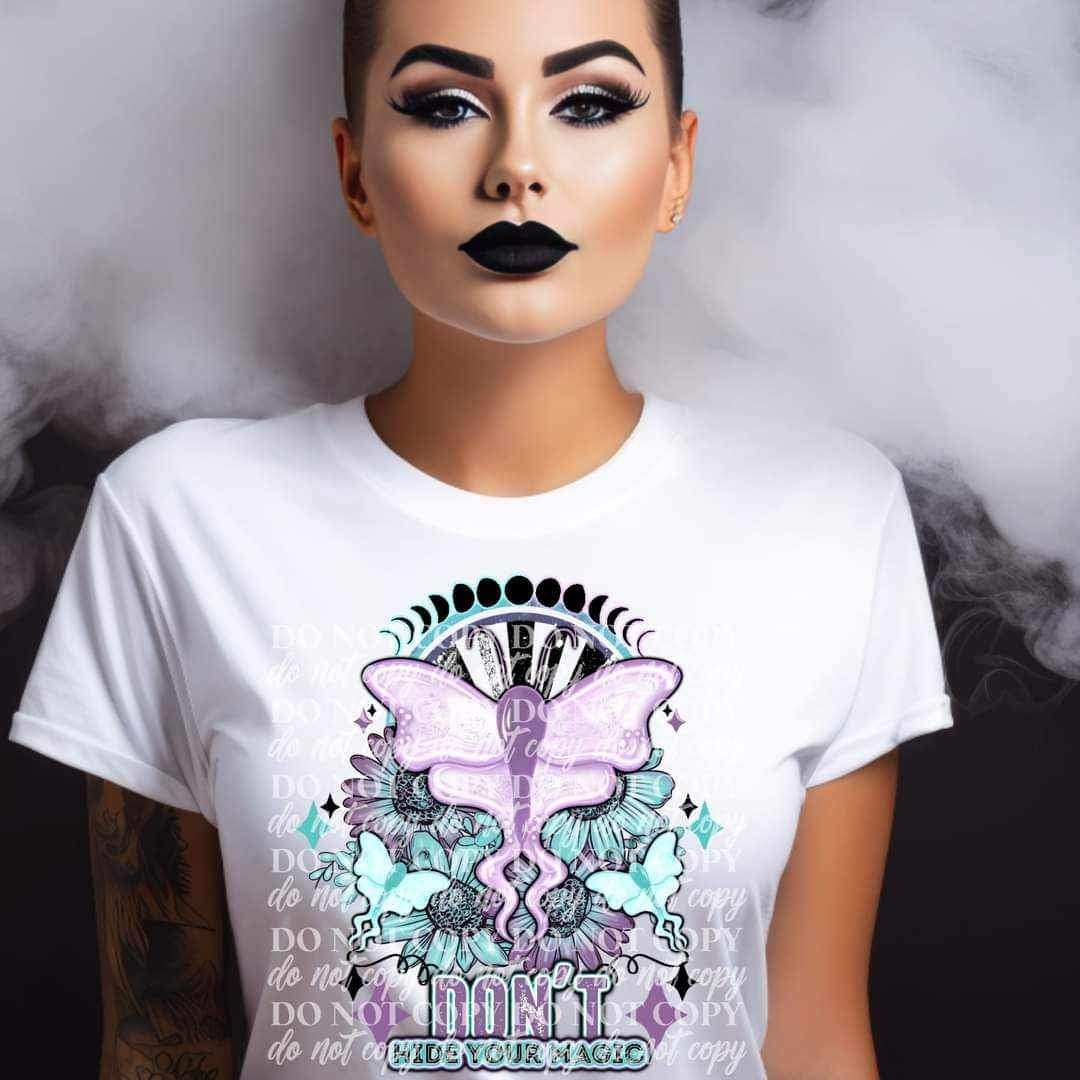 Don’t hide your magic (purple and blue with moths, flowers, and moon phases) 11290 DTF TRANSFER