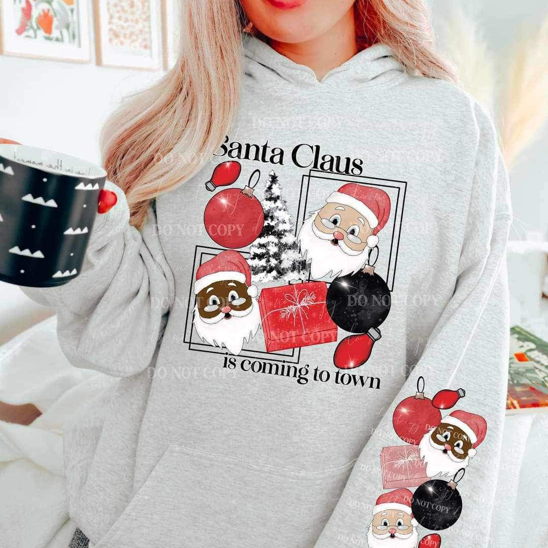 Santa claus is coming to town (two santas with ornaments and tree) FRONT ONLY 11300 DTF TRANSFER