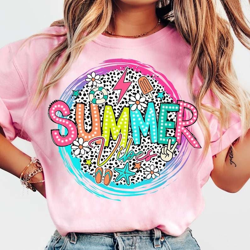Summer vibes circle with dotted background 31800 DTF transfer