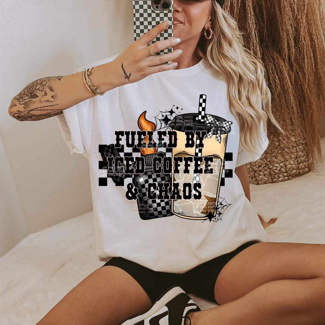 Fueled by iced coffee & chaos (VIRGO) 31833 DTF transfer