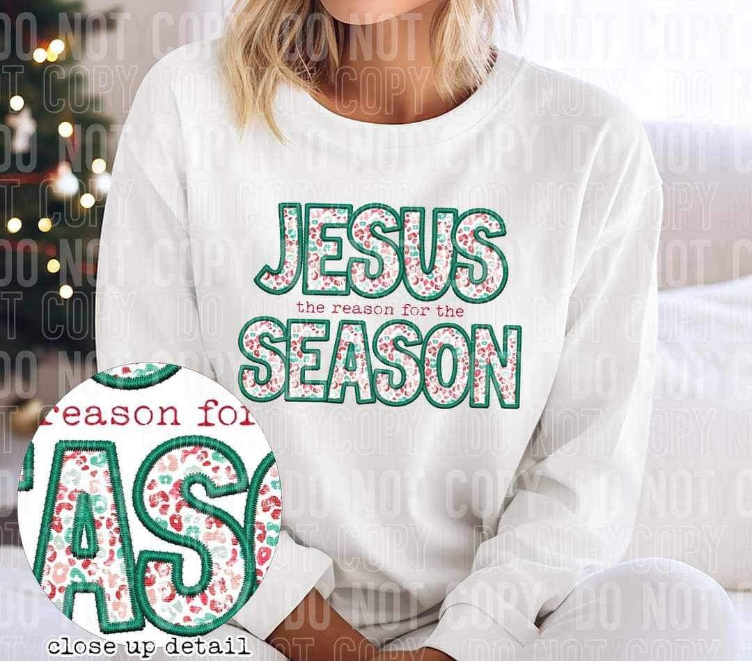 Jesus is the reason for the season (embroidered with green outline and multi colored leopard print) 15012 DTF Transfer