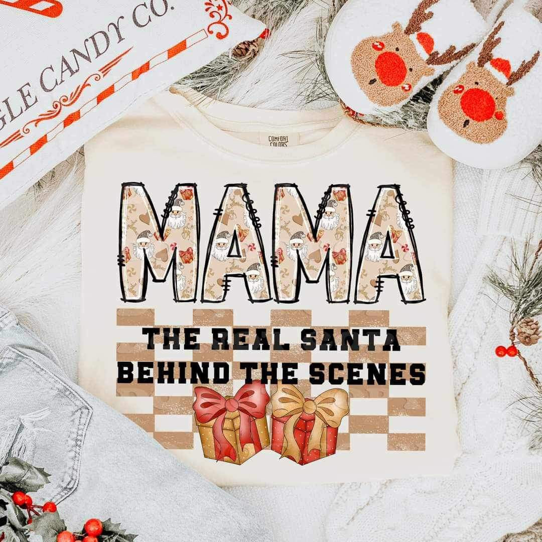Mama the real santa behind the scenes (santa and gift filled font with checkered pattern and presents) 15011 DTF Transfer
