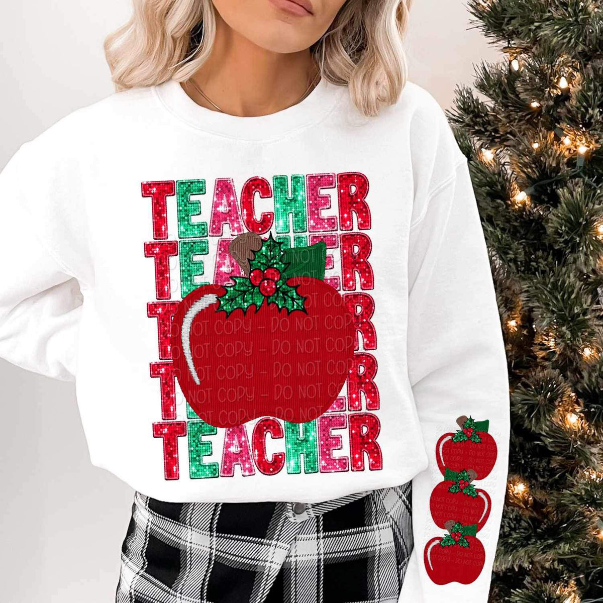 Teacher sequin stacked with apple 15009 DTF Transfer