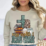 Cozy nights & Jesus Christ (sequin yellow and blue font with books, cross, blanket, mug, and candle) 11997 DTF Transfer