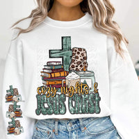 Cozy nights & Jesus Christ (sequin yellow and blue font with books, cross, blanket, mug, and candle) 11997 DTF Transfer