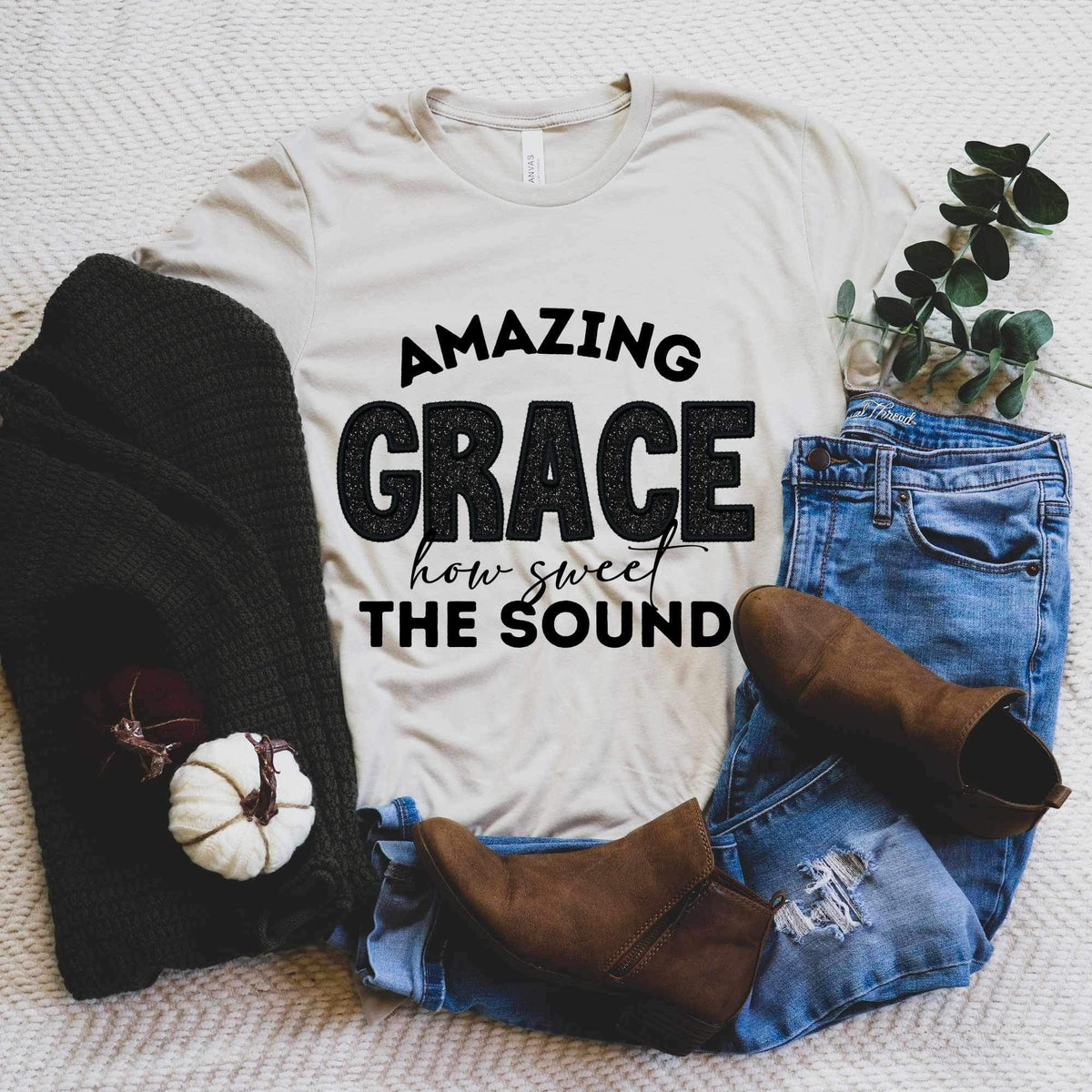 Amazing grace how sweet the sound (BLACK with sequin) 11996 DTF Transfer