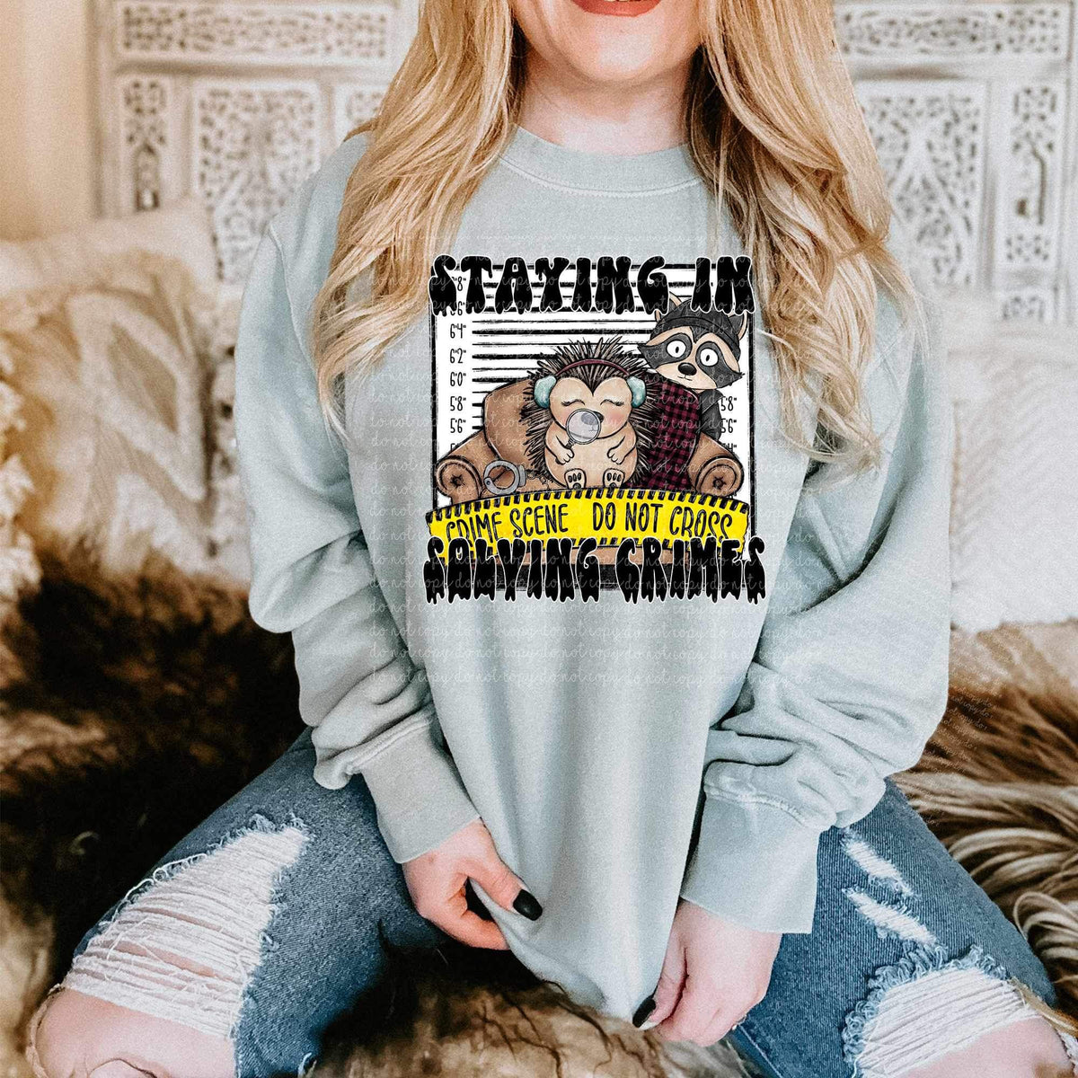 Staying in solving crimes (raccoon on coutch with mug shot background) 15043  DTF Transfer