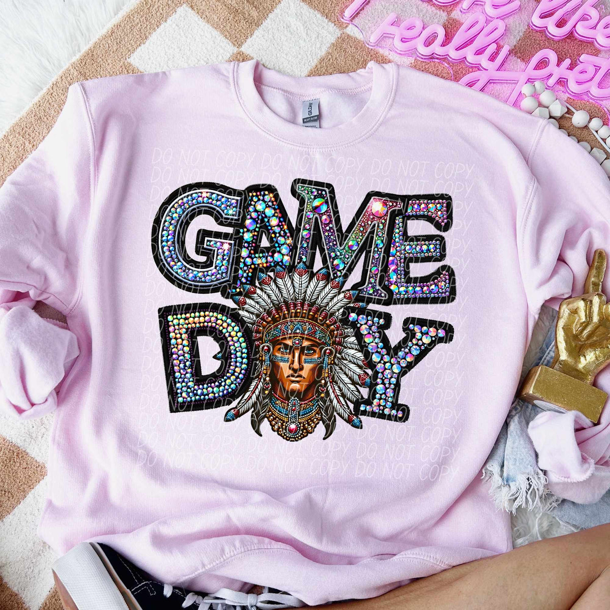 Game day Indians rhinestone colored mascot (CITY) 44374 DTF transfer