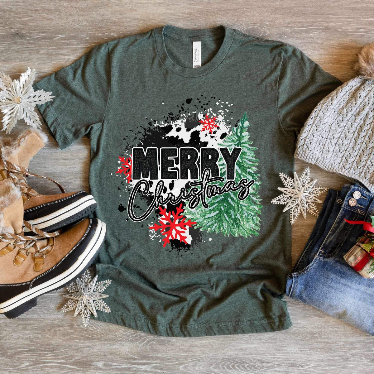Merry Christmas (tree and cow print background) 15987 DTF transfers