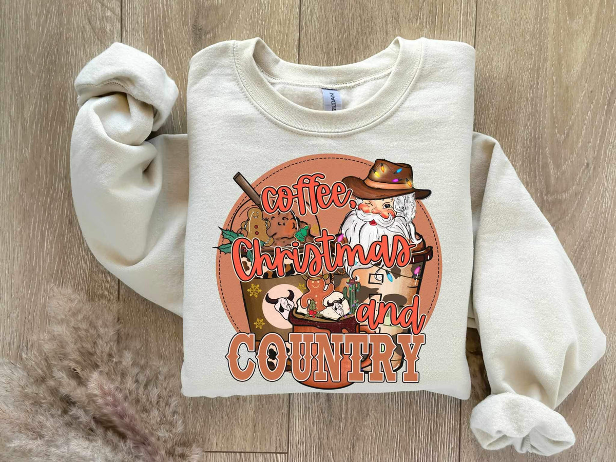 Coffee, chocolate, and country (circle with western lattes and cowboy santa) 16228 DTF Transfer